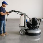 En person bruker en stor slipemaskin på et betonggulv for å få en skinnende finish