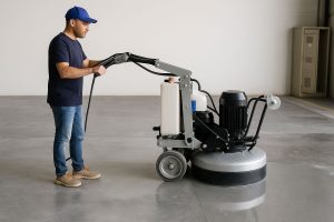 En person bruker en stor slipemaskin på et betonggulv for å få en skinnende finish